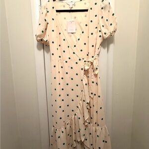LC Lauren Conrad Cream and Green Polka Dot Midi Dress